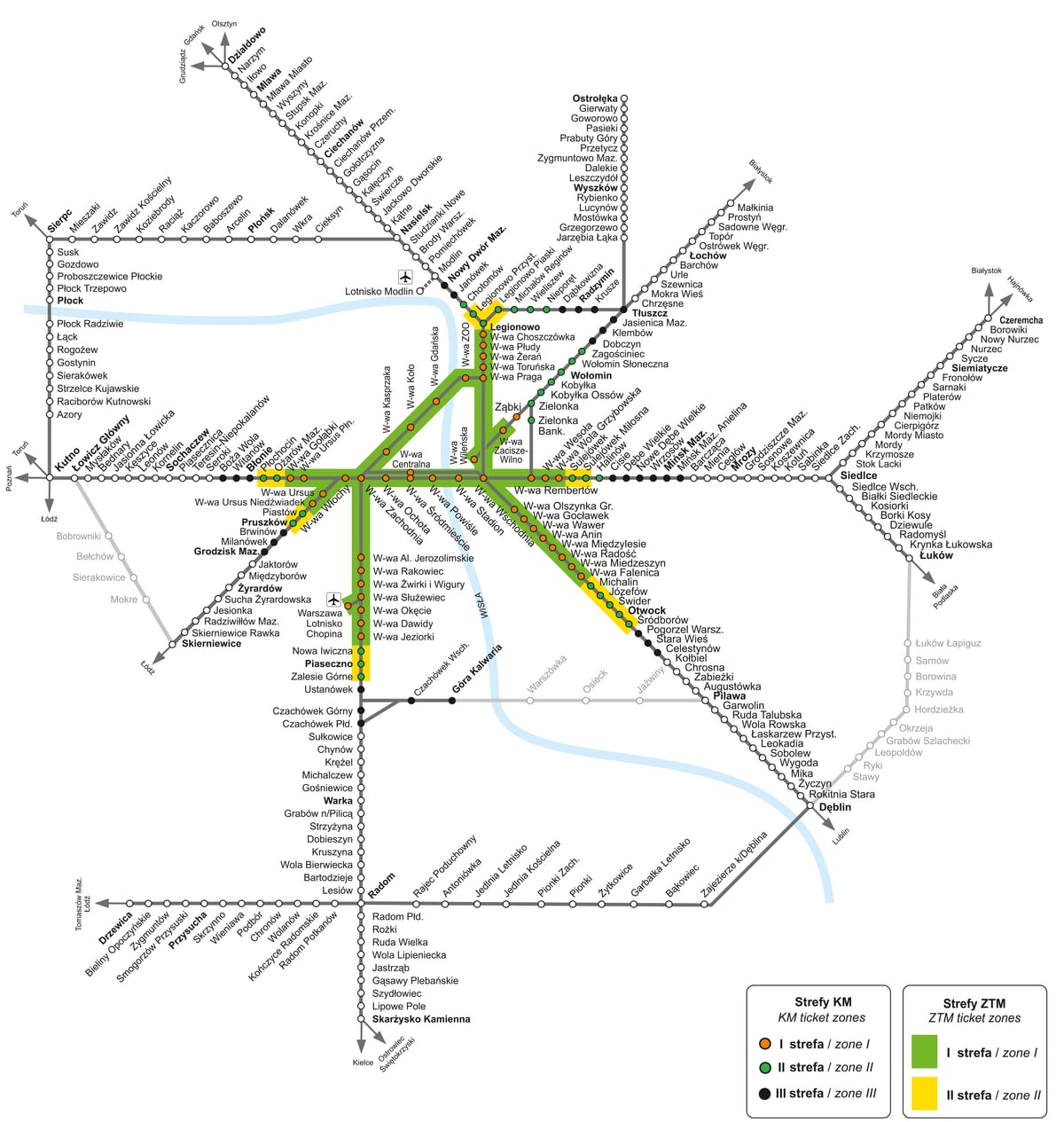 华沙 KM 城市、通勤及市郊铁路线网地图