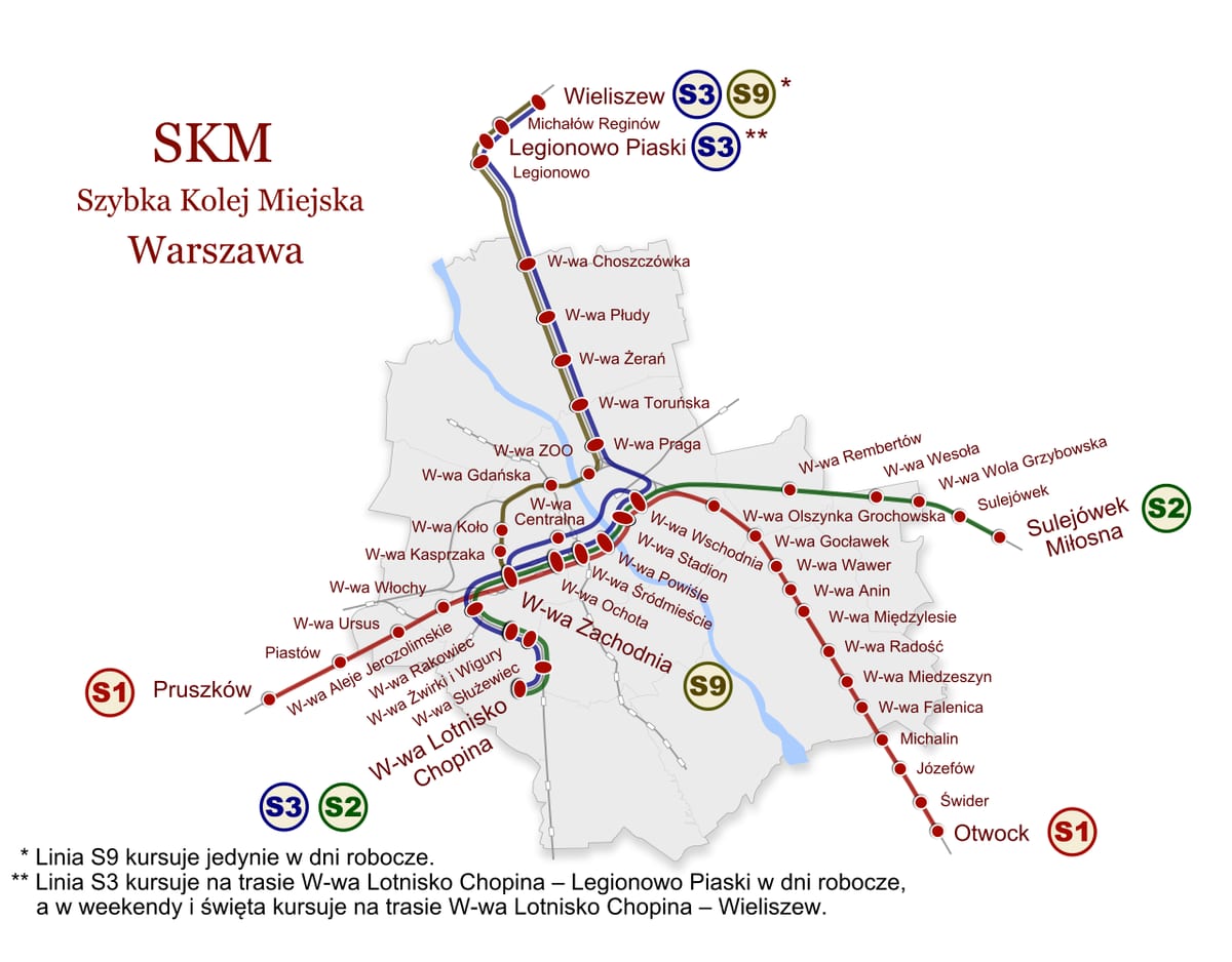 华沙 SKM 城市、通勤及市郊铁路线网地图